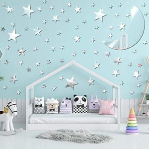 Zonon 61 Pieces Acrylic Star Mirror Wall Stickers Moon Stars Wall Decal Silver Mirror Sticker Decors Removable Star Mirror Stickers for Kids Boy Girls Baby Room Good Night House Nursery Home Bedroom