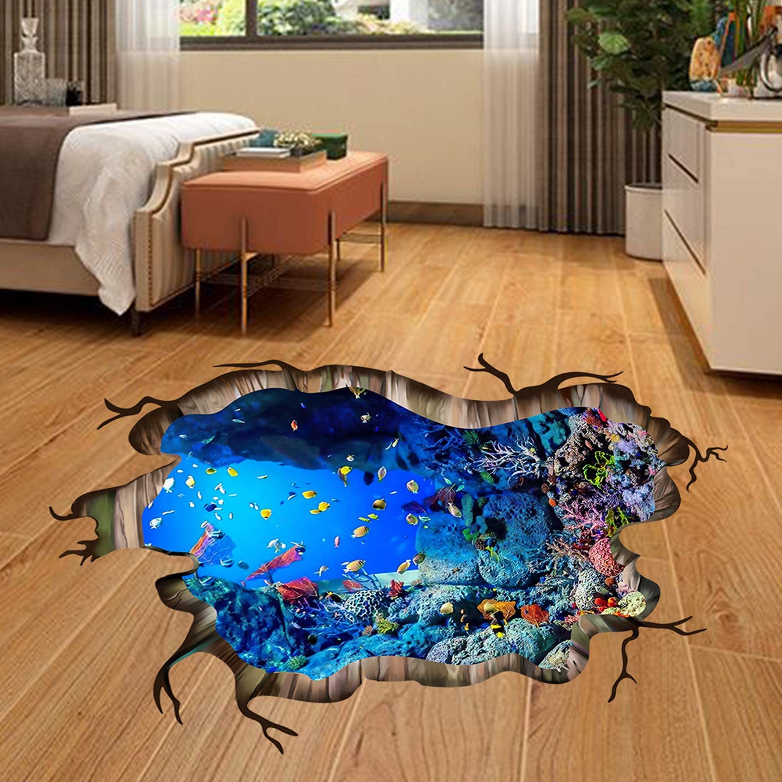 BOSUE SLLXG 3D Underwater World Wall Decal Home Floor Stickers Decor Vivid Fish Sea Turtle Broken Animals Art Wall Decal Under The Sea Bathroom Bedroom Decor Floor Sticker Nursery -80*120cm