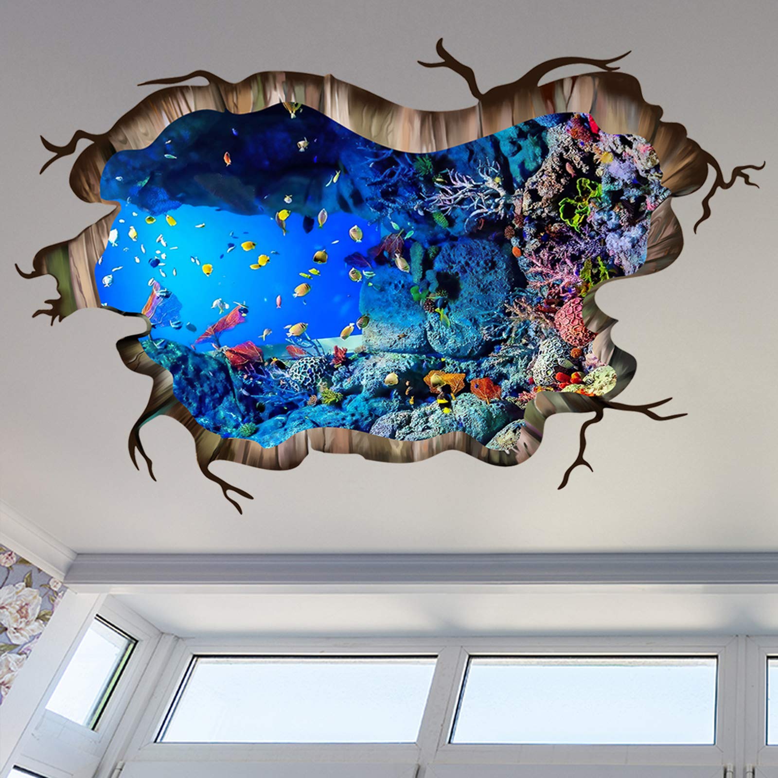 BOSUE SLLXG 3D Underwater World Wall Decal Home Floor Stickers Decor Vivid Fish Sea Turtle Broken Animals Art Wall Decal Under The Sea Bathroom Bedroom Decor Floor Sticker Nursery -80*120cm