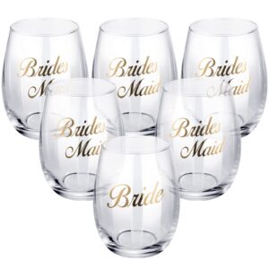 nuogo 6 pieces bridesmaid wine glass bridesmaid and bride durable stemless wine glasses gold engagement wedding wine glass for bridesmaids bachelorette party supplies