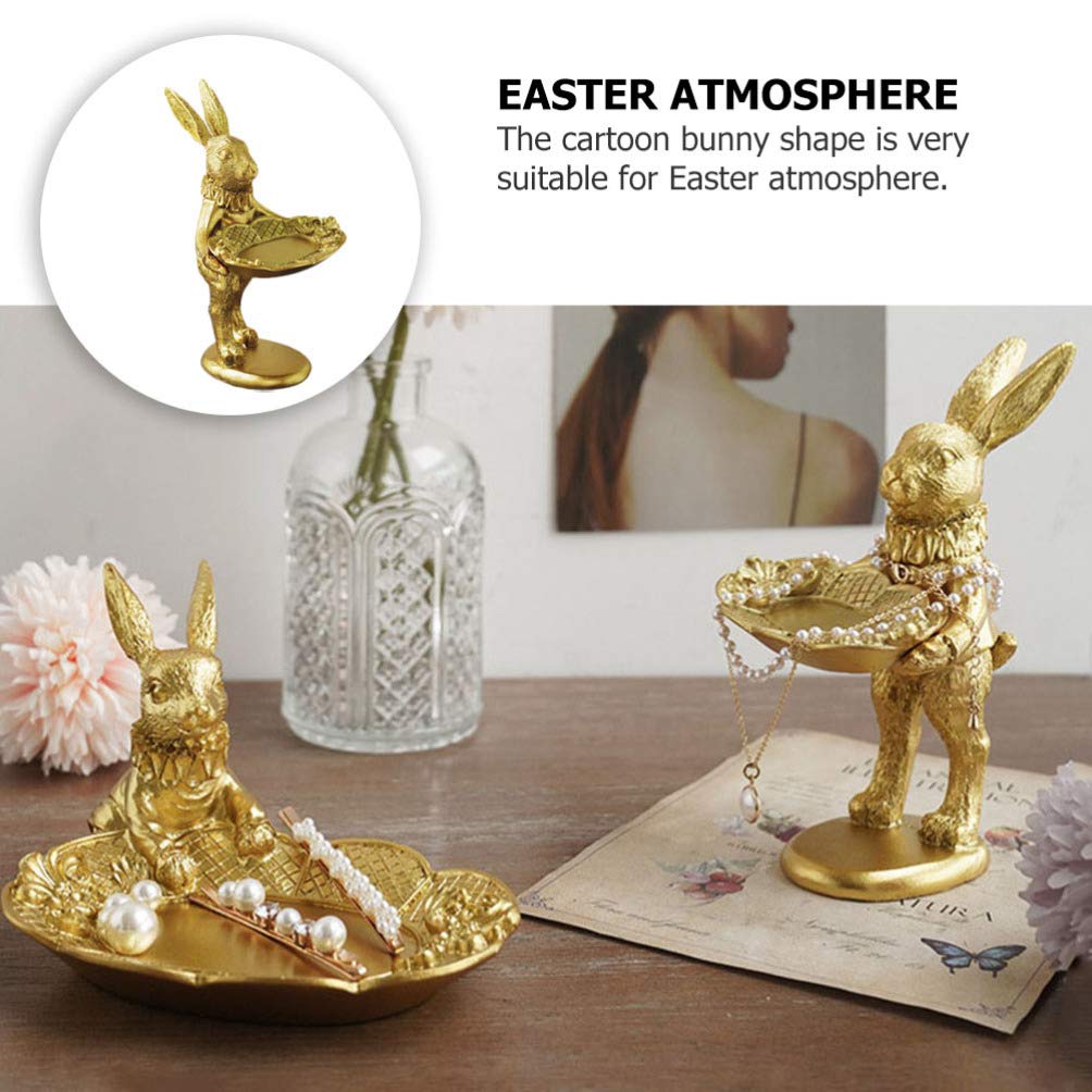 BESTOYARD Retro Jewelry Tray Ring Dish Golden Easter Bunny Figurine Spring Easter Tabletop Decoration Resin Rabbit Statue Jewelry Organizer Trinket Plate for Home