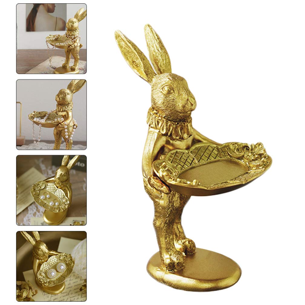 BESTOYARD Retro Jewelry Tray Ring Dish Golden Easter Bunny Figurine Spring Easter Tabletop Decoration Resin Rabbit Statue Jewelry Organizer Trinket Plate for Home