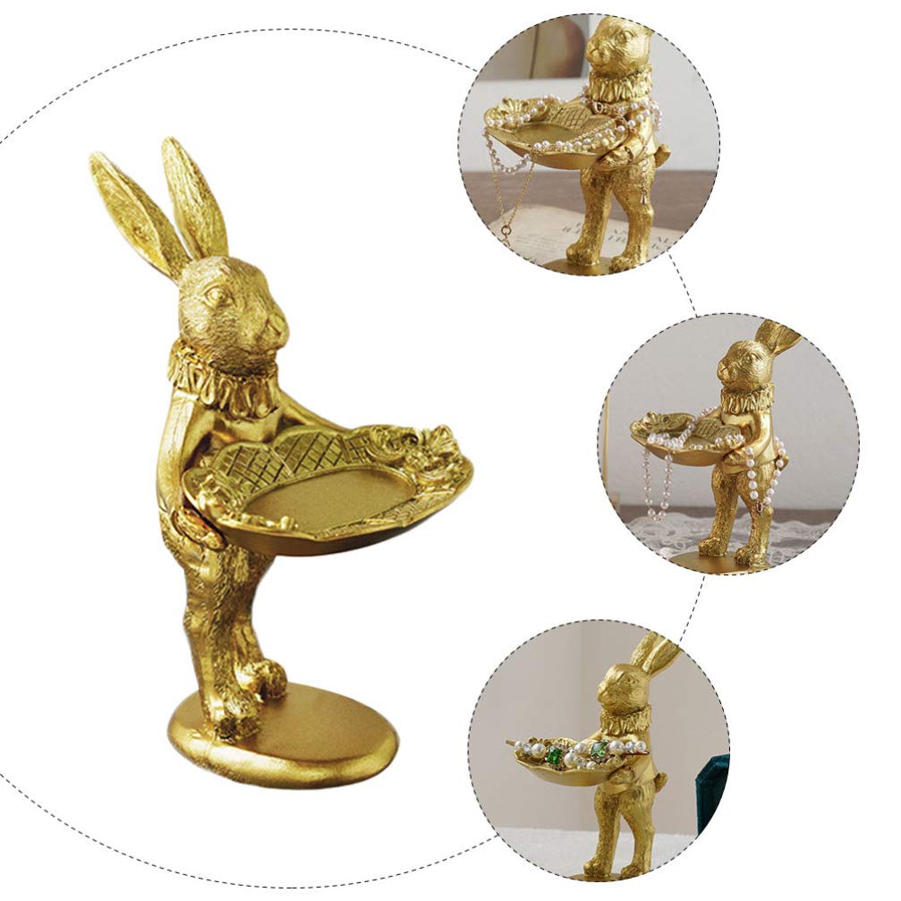 BESTOYARD Retro Jewelry Tray Ring Dish Golden Easter Bunny Figurine Spring Easter Tabletop Decoration Resin Rabbit Statue Jewelry Organizer Trinket Plate for Home