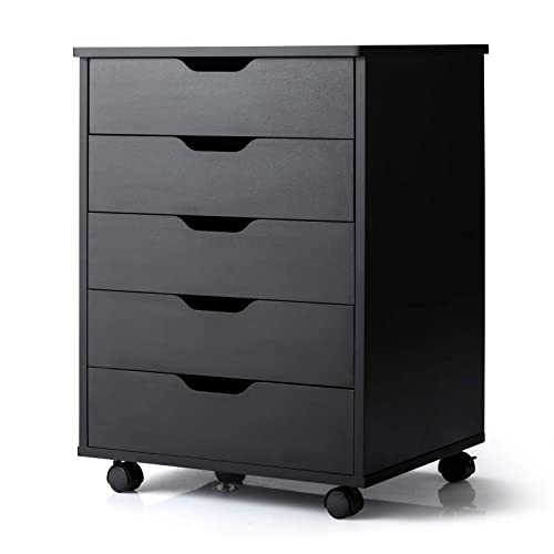 Giantex Drawers Cabinet Mobile Lateral Filing Organizer with 5 Drawers and Wheels Mobile Side Cabinet Chest for Home Office Storage Use 5-Drawer Dresser (19” x 15.5” x 26”, Black)