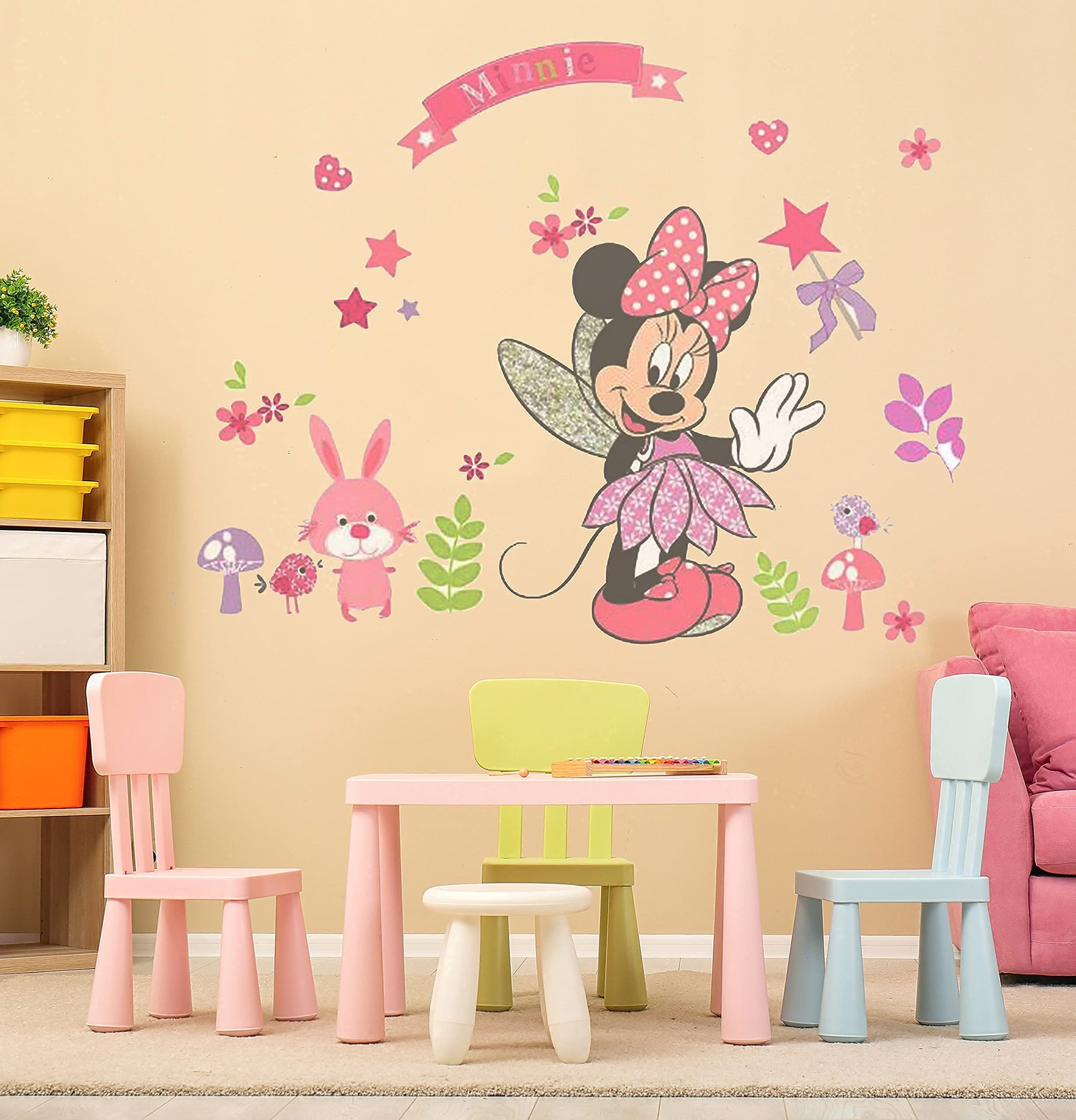 Large Mickey and Minnie Mouse Wall Decals for Kids Baby Bedroom Nursery, Disney Mirror Window Walls Stickers Removeable Vinyl Cartoon Peel and Stick (Minnie Pink)