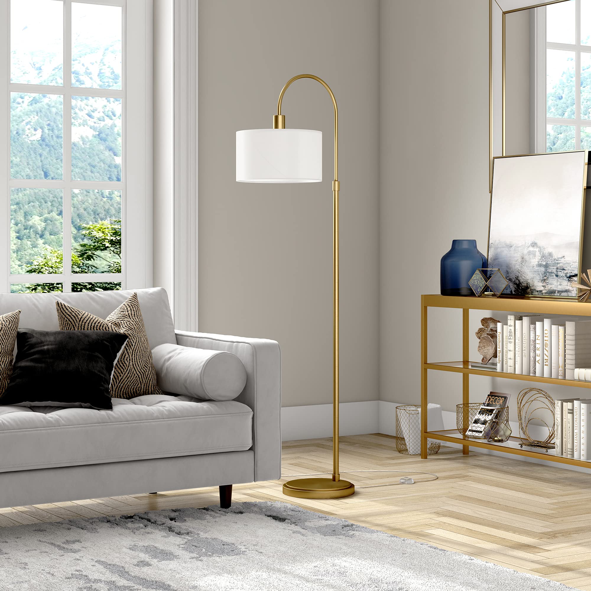 Veronica Arc Floor Lamp with Fabric Shade in Brass/White