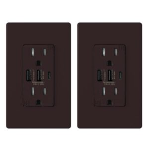 elegrp 30w 6.0 amp 3-port usb wall outlet, 15 amp receptacle with usb type c & type a ports, usb charger for iphone/ipad/samsung/lg/htc/android devices, ul listed, w/wall plate, 2 pack, matte brown