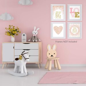 Pink & Gold Positve Affirmation 8x10 Wall Art Set of 4 Love Nursery Toddler Girls Room Decorations Dream Big (NOT Real Glitter)