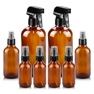 worldgsb glass spray bottles, 16oz*2+4oz*2+2oz*4 refillable containers, empty boston round bottles with adjustable nozzle for cleaning, gardening, aromatherapy, pets, plant, hair -amber