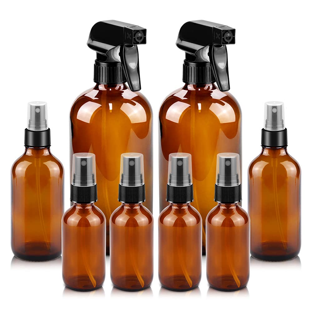 Worldgsb Glass Spray Bottles, 16oz*2+4oz*2+2oz*4 Refillable Containers, Empty Boston Round Bottles with Adjustable Nozzle for Cleaning, Gardening, Aromatherapy, Pets, Plant, Hair -Amber