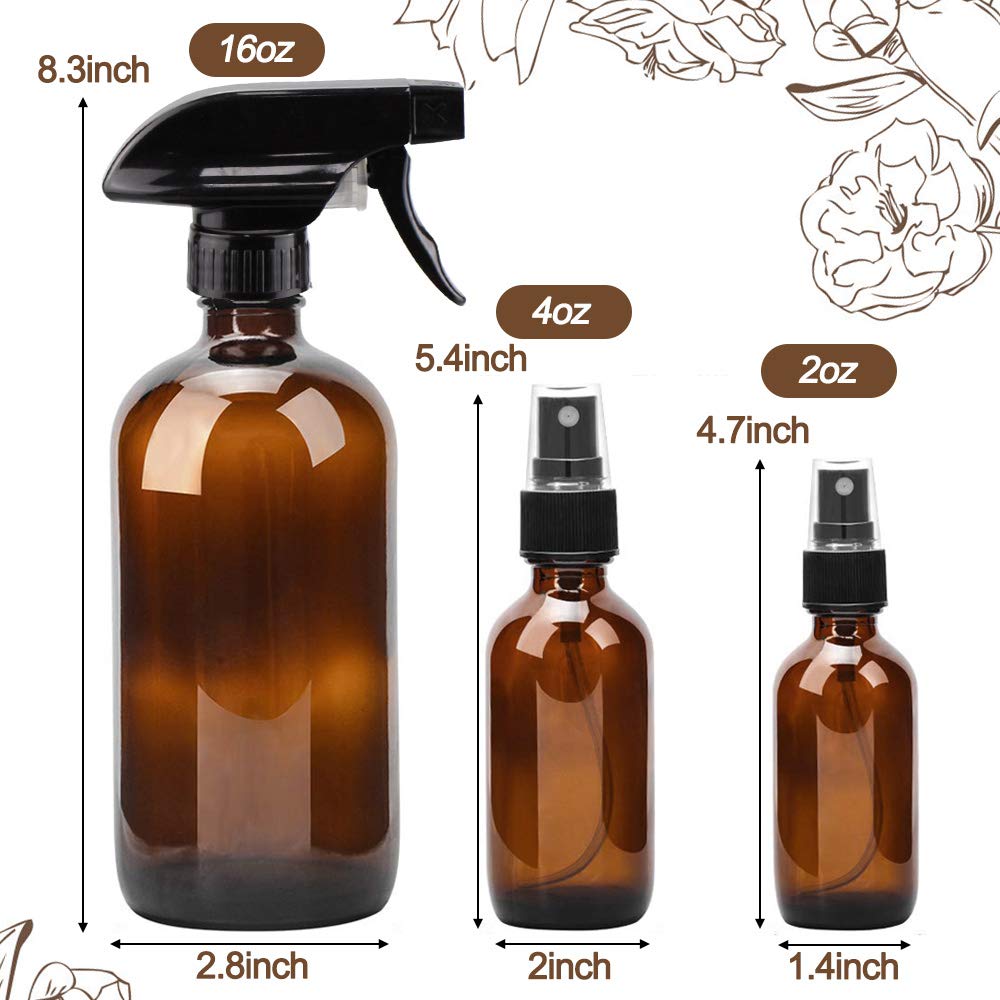 Worldgsb Glass Spray Bottles, 16oz*2+4oz*2+2oz*4 Refillable Containers, Empty Boston Round Bottles with Adjustable Nozzle for Cleaning, Gardening, Aromatherapy, Pets, Plant, Hair -Amber