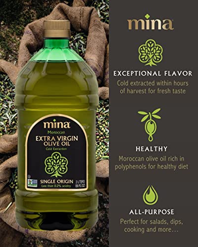 Mina Extra Virgin Olive Oil, New Harvest, Polyphenol Rich Moroccan Olive Oil, Cold Extraction, Single Origin Olive Oil, Less Than 0.2% Acidity, 68 Fl Oz, 2 L