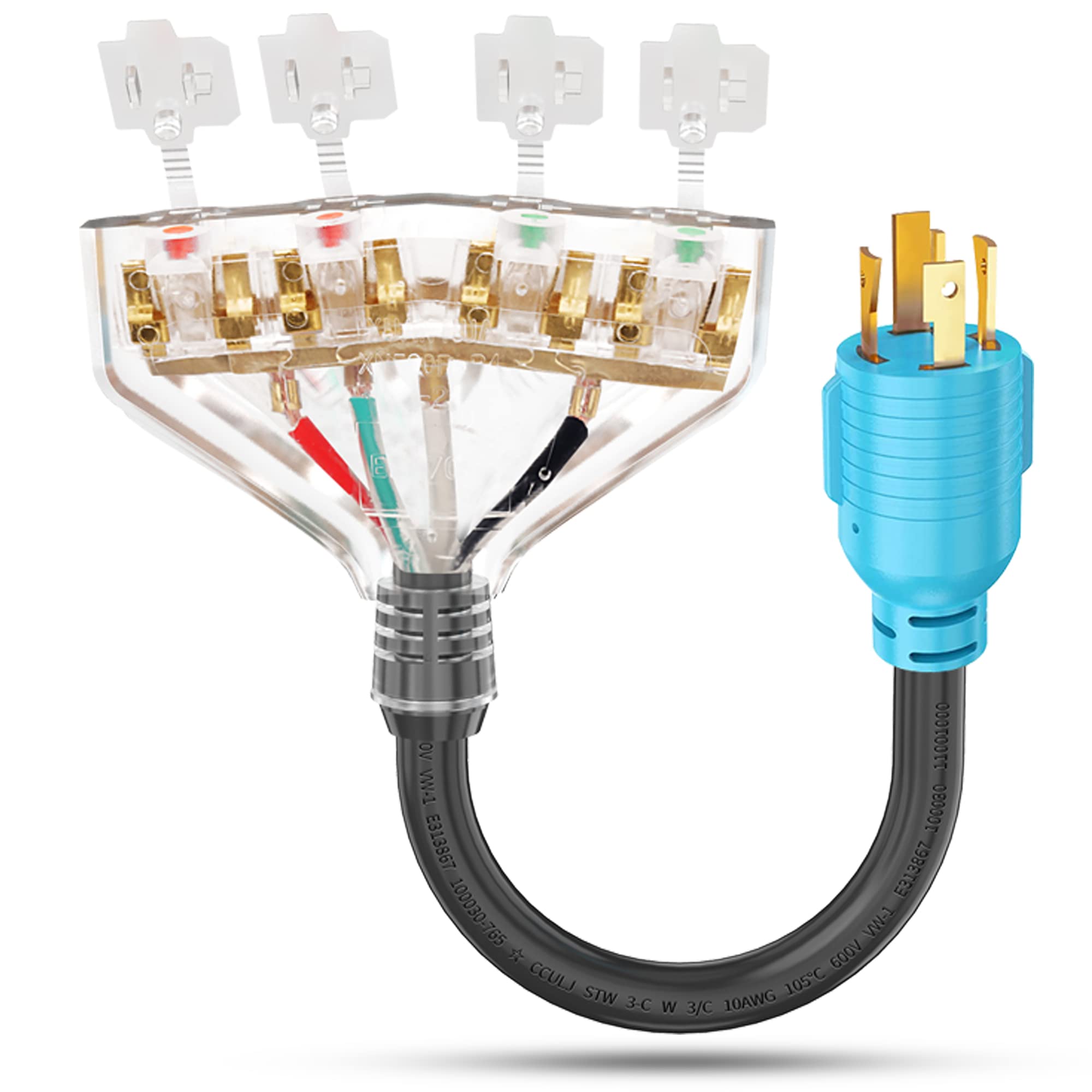 CircleCord 4 Prong 30 Amp to 15 Amp Generator Distribution Adapter, NEMA L14-30P Male to 4X 5-15R/5-20R T-Blade Female with Dust Protection Caps, 10 Gauge 125/250V 7500W