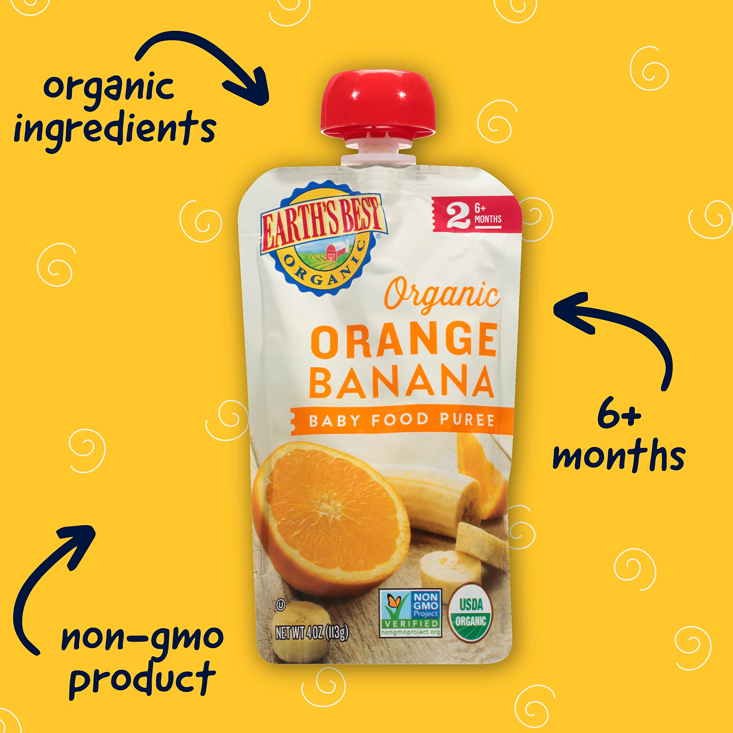 Earth's Best Organic Baby Food Pouches, Stage 2 Fruit Puree for Babies 6 Months and Older, Organic Orange and Banana Puree, 4 oz Resealable Pouch (Pack of 8)