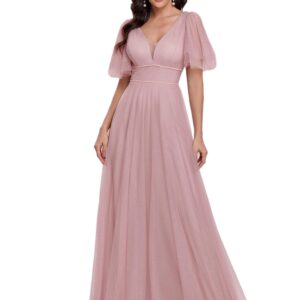 Ever-Pretty Women's Illusion V Neck Short Flare Sleeve Tulle Bridesmaid Dress Pink US4