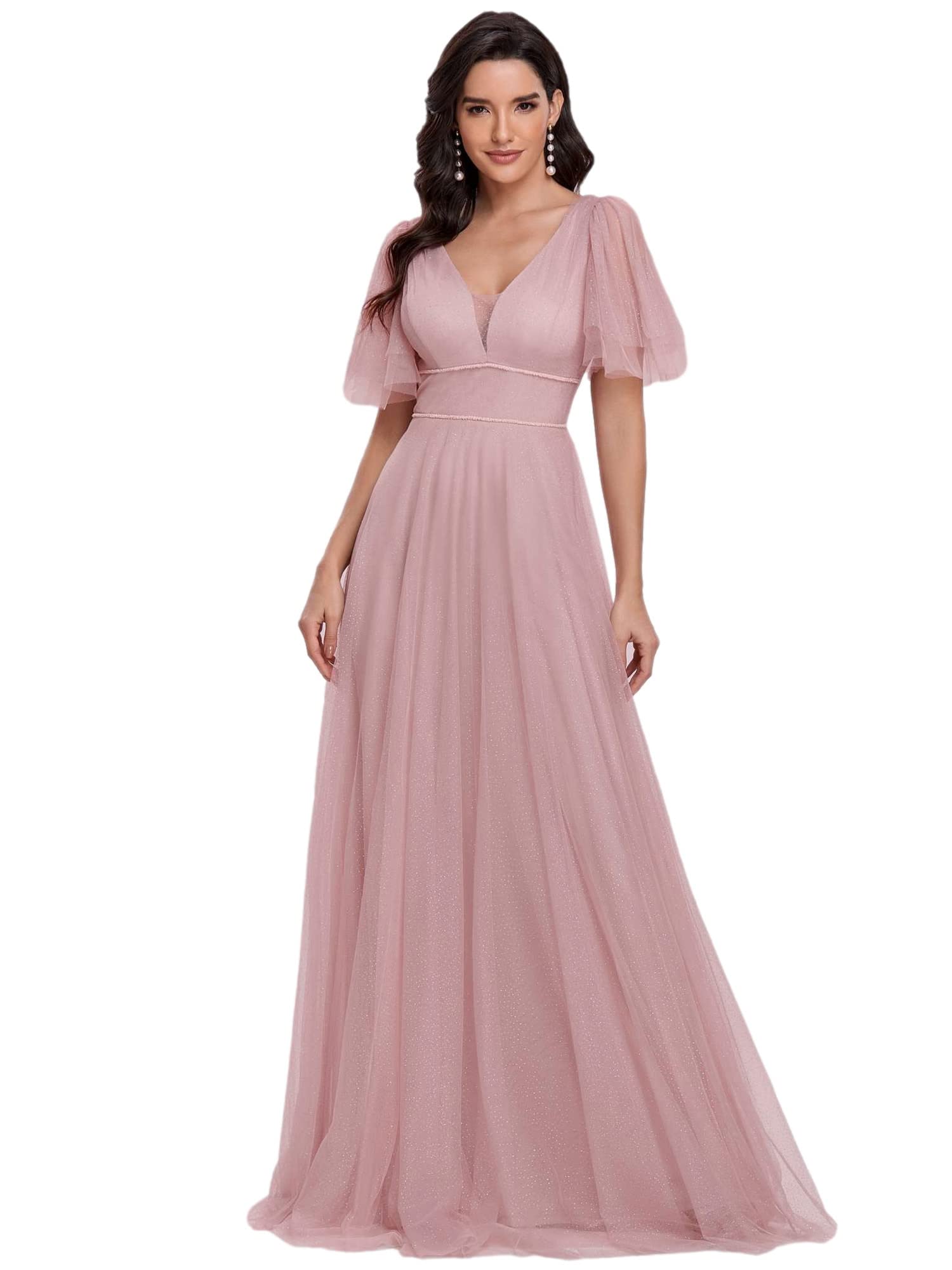 Ever-Pretty Women's Illusion V Neck Short Flare Sleeve Tulle Bridesmaid Dress Pink US4