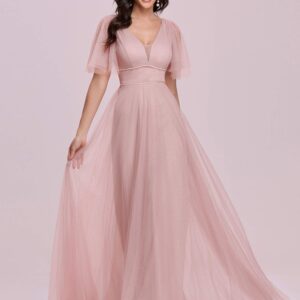 Ever-Pretty Women's Illusion V Neck Short Flare Sleeve Tulle Bridesmaid Dress Pink US4