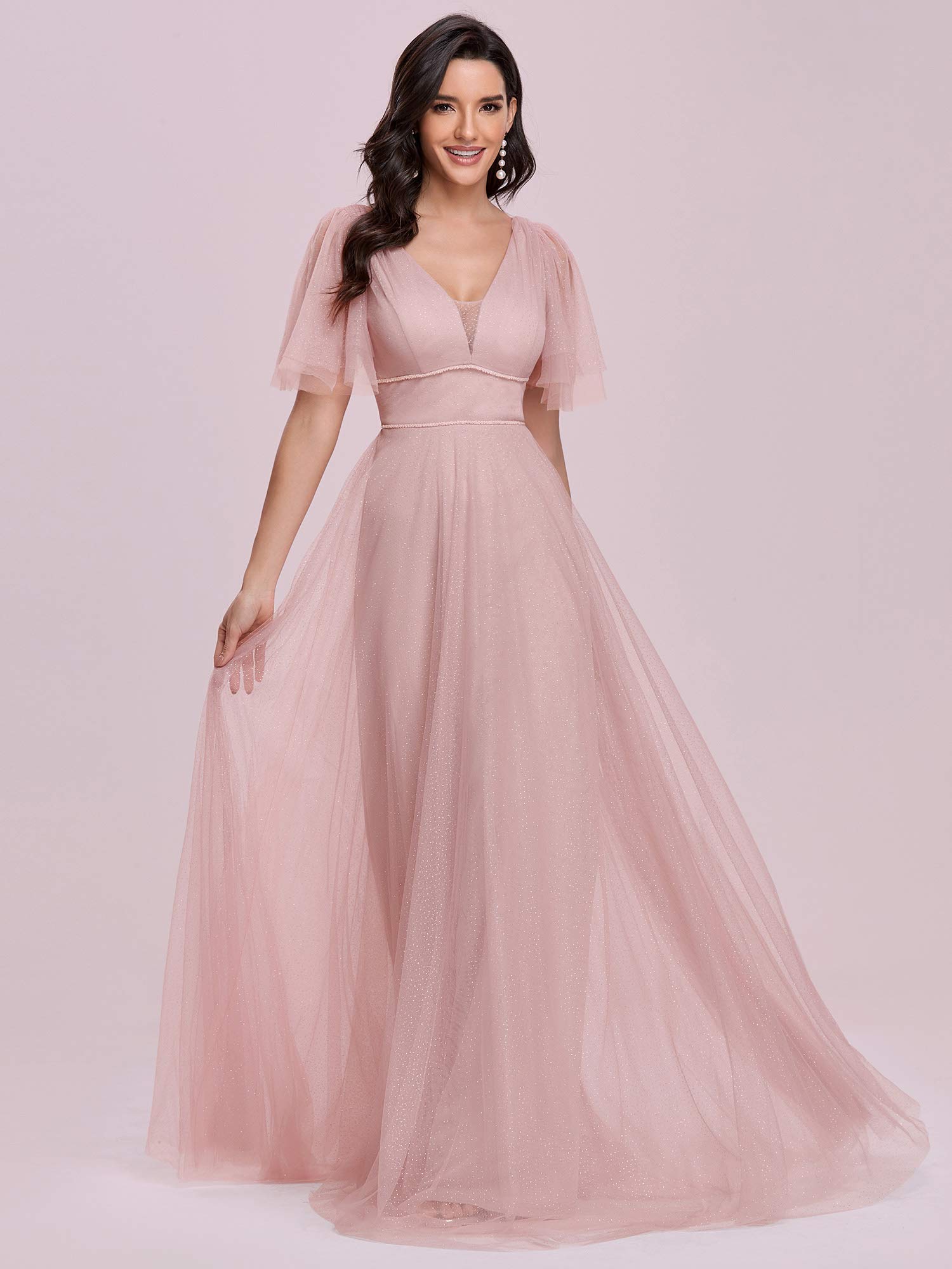 Ever-Pretty Women's Illusion V Neck Short Flare Sleeve Tulle Bridesmaid Dress Pink US4