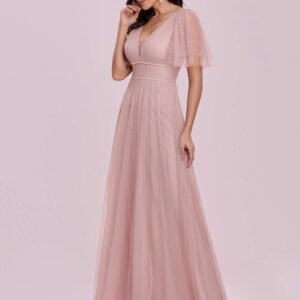 Ever-Pretty Women's Illusion V Neck Short Flare Sleeve Tulle Bridesmaid Dress Pink US4