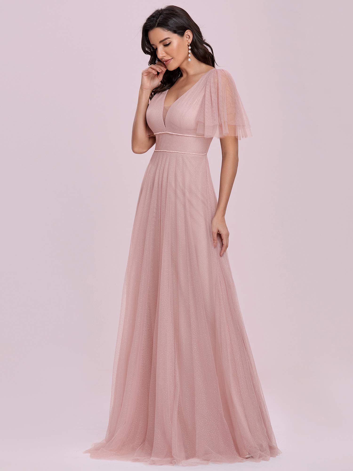 Ever-Pretty Women's Illusion V Neck Short Flare Sleeve Tulle Bridesmaid Dress Pink US4