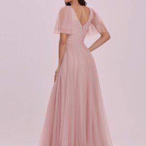 Ever-Pretty Women's Illusion V Neck Short Flare Sleeve Tulle Bridesmaid Dress Pink US4