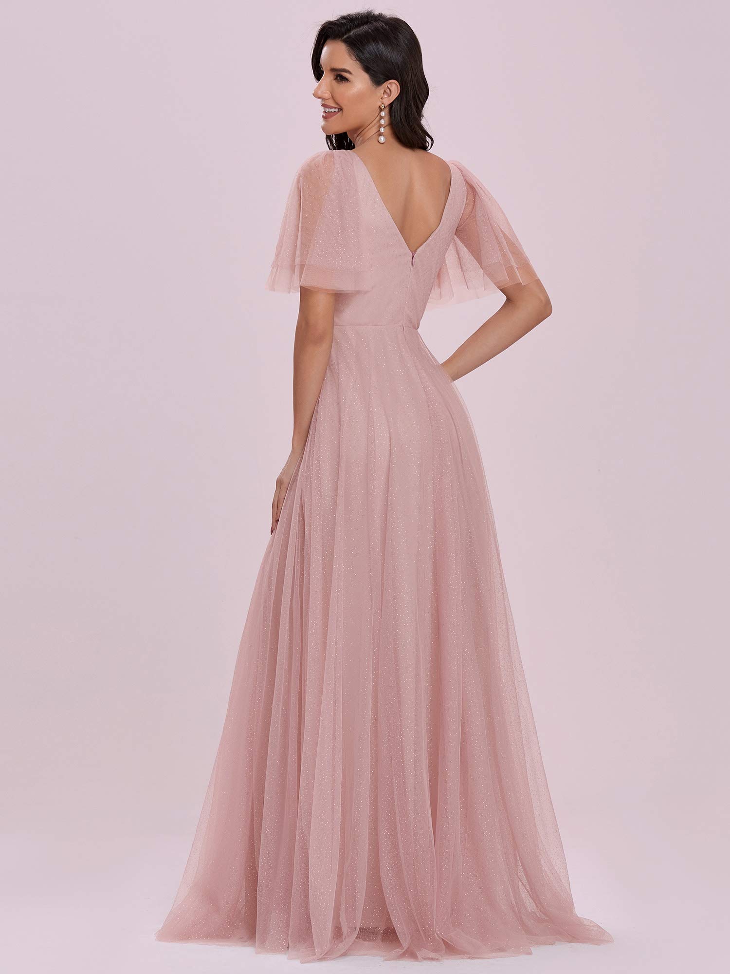 Ever-Pretty Women's Illusion V Neck Short Flare Sleeve Tulle Bridesmaid Dress Pink US4