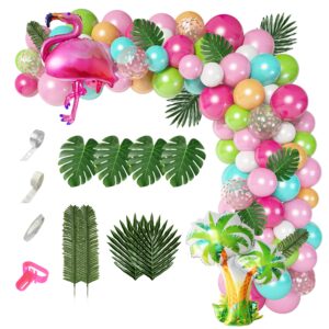 132pcs tropical flamingo balloons garland kit, 40'' coconut tree foil flamingo balloons green pink aqua blue confetti balloons palm leaves baby shower hawaiian luau birthday party decorations supplies