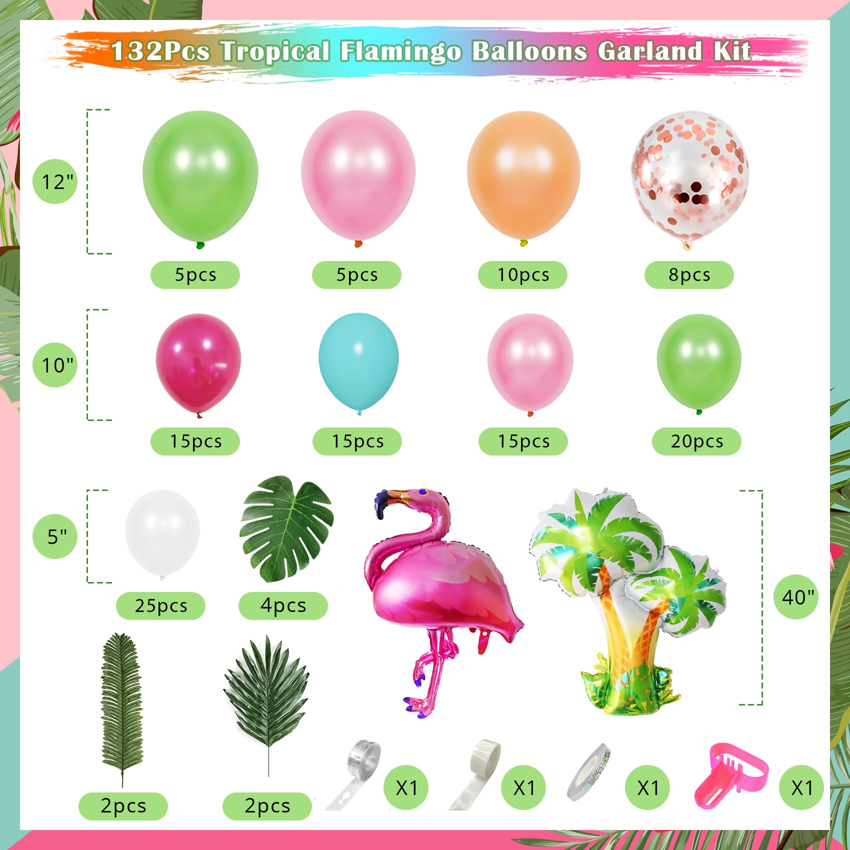 132Pcs Tropical Flamingo Balloons Garland Kit, 40'' Coconut Tree Foil Flamingo Balloons Green Pink Aqua Blue Confetti Balloons Palm Leaves Baby Shower Hawaiian Luau Birthday Party Decorations Supplies