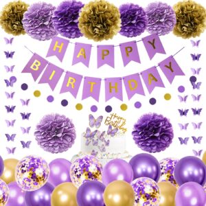 ouddy party purple birthday decorations for women girls butterfly hanging garland happy birthday and circle dots banner purple gold balloons paper flowers cake toppers for birthday party supplies