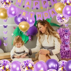 Ouddy Party Purple Birthday Decorations for Women Girls Butterfly Hanging Garland Happy Birthday and Circle Dots Banner Purple Gold Balloons Paper Flowers Cake Toppers for Birthday Party Supplies