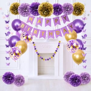 Ouddy Party Purple Birthday Decorations for Women Girls Butterfly Hanging Garland Happy Birthday and Circle Dots Banner Purple Gold Balloons Paper Flowers Cake Toppers for Birthday Party Supplies