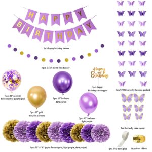 Ouddy Party Purple Birthday Decorations for Women Girls Butterfly Hanging Garland Happy Birthday and Circle Dots Banner Purple Gold Balloons Paper Flowers Cake Toppers for Birthday Party Supplies