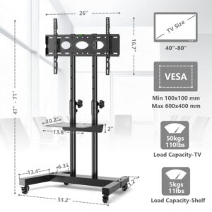TVON Mobile TV Cart with Wheels for 40-80 Inch LCD LED OLED Flat Curved Screen TVs, Height Adjustable Rolling TV Stand Holds up to 110 lbs, Outdoor TV Stand Trolley Max VESA 600x400mm