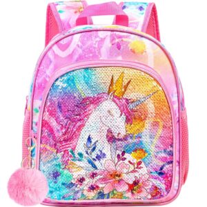 ccjpx unicorn backpack for girls, 12.5” toddler sequin bookbag kindergarten cute school bag