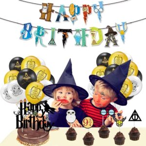 Birthday Party Decoration Boys Magical Wizard Themed Party Decorations Happy Birthday Banner Cupcake Toppers Balloons Party Supplies For Harry Magical Potter Birthday (Golden)