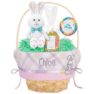 let's make memories personalized easter basket - create your own - wicker basket - embroidered liner - medium - pink bunny applique