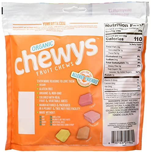 YumEarth Organic Chewys Fruit Flavored Candy Chews, 8 oz, Allergy Friendly, Gluten Free, Non-GMO, Vegan, No Artificial Flavors or Dyes (Pack of 1)