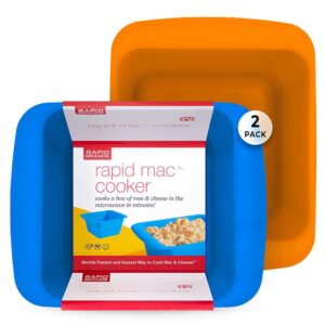 rapid mac cooker | microwave macaroni & cheese in 5 minutes | perfect for dorm, small kitchen or office | dishwasher-safe, microwaveable, bpa-free… (blue & orange, 2-pack)