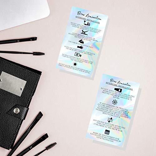 Brow Lamination Aftercare Cards | 50 Pack | 2x3.5” inches Business Card Size | Starter Lift Kit At Home DIY Brow Lift and Tint | Snatched Brows Non Reflect Matte Rainbow Holographic Look Design