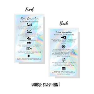 Brow Lamination Aftercare Cards | 50 Pack | 2x3.5” inches Business Card Size | Starter Lift Kit At Home DIY Brow Lift and Tint | Snatched Brows Non Reflect Matte Rainbow Holographic Look Design