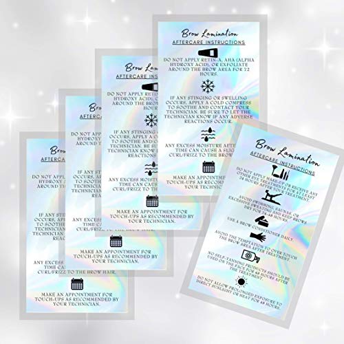 Brow Lamination Aftercare Cards | 50 Pack | 2x3.5” inches Business Card Size | Starter Lift Kit At Home DIY Brow Lift and Tint | Snatched Brows Non Reflect Matte Rainbow Holographic Look Design