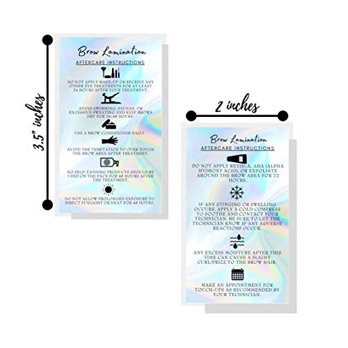 Brow Lamination Aftercare Cards | 50 Pack | 2x3.5” inches Business Card Size | Starter Lift Kit At Home DIY Brow Lift and Tint | Snatched Brows Non Reflect Matte Rainbow Holographic Look Design