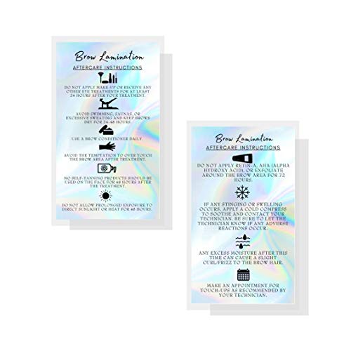 Brow Lamination Aftercare Cards | 50 Pack | 2x3.5” inches Business Card Size | Starter Lift Kit At Home DIY Brow Lift and Tint | Snatched Brows Non Reflect Matte Rainbow Holographic Look Design