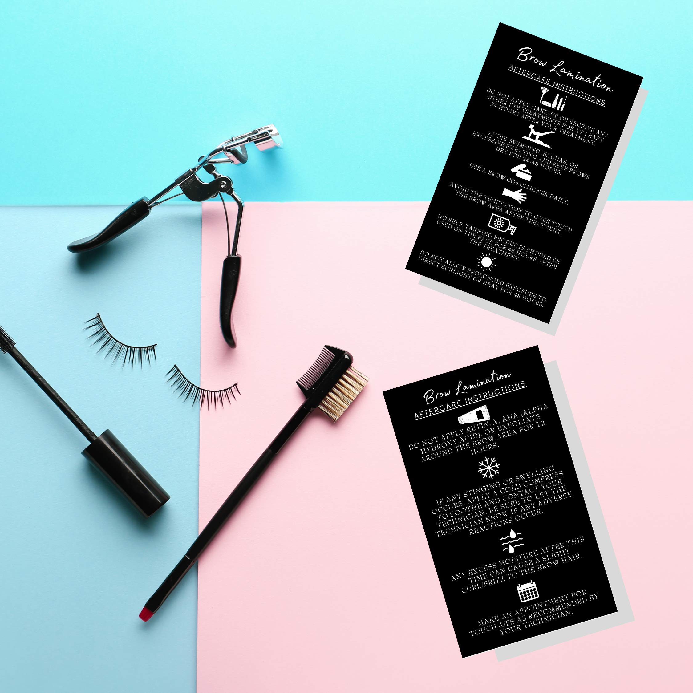 Brow Lamination Aftercare Instruction Cards | 50 Pack | 2x3.5” inches Business Card Size | Starter Lift Kit At Home DIY Brow Lift and Tint | Snatched Brows Black with White Icons Design