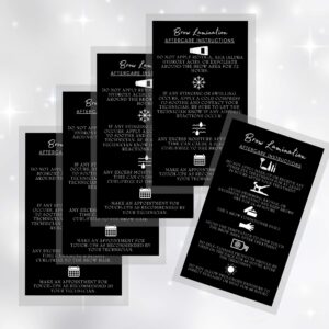 Brow Lamination Aftercare Instruction Cards | 50 Pack | 2x3.5” inches Business Card Size | Starter Lift Kit At Home DIY Brow Lift and Tint | Snatched Brows Black with White Icons Design