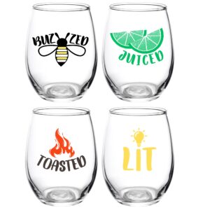 shatterproof stemless wine glasses with punny sayings, buzzed juiced lit toasted, cute glass for girls night, set of 4