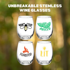 Shatterproof Stemless Wine Glasses with Punny Sayings, Buzzed Juiced Lit Toasted, Cute Glass for Girls Night, Set of 4