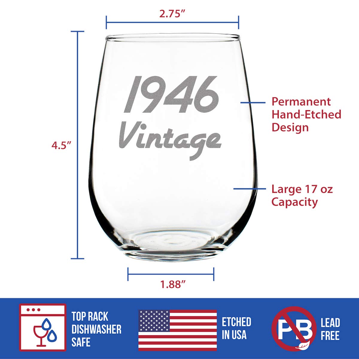 Vintage 1946-78th Birthday Stemless Wine Glass Gifts for Women & Men Turning 78 - Bday Party Decor - Large Glasses