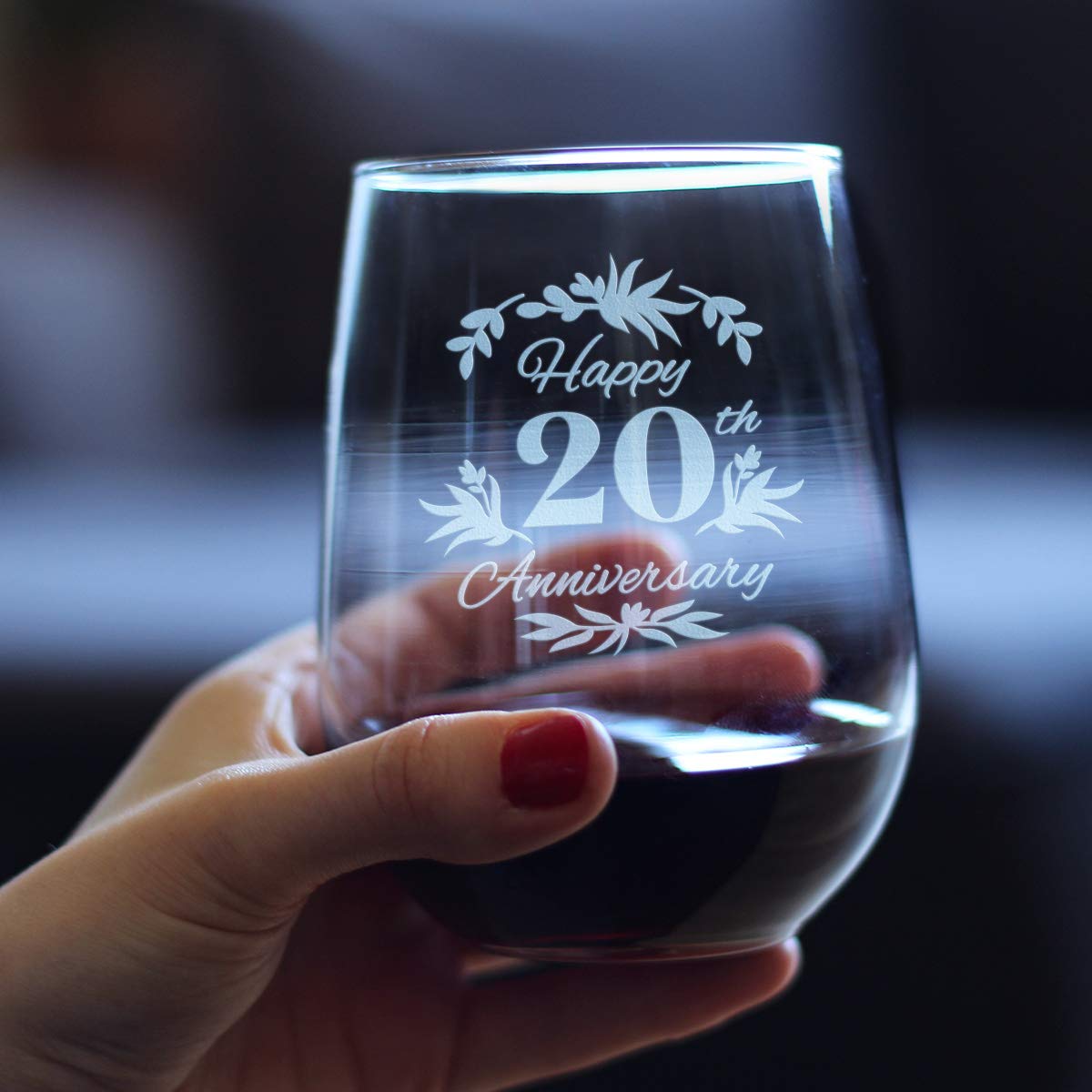 Happy 20th Anniversary - Stemless Wine Glass Gifts for Women & Men - 20 Year Anniversary Party Decor - Large Glasses