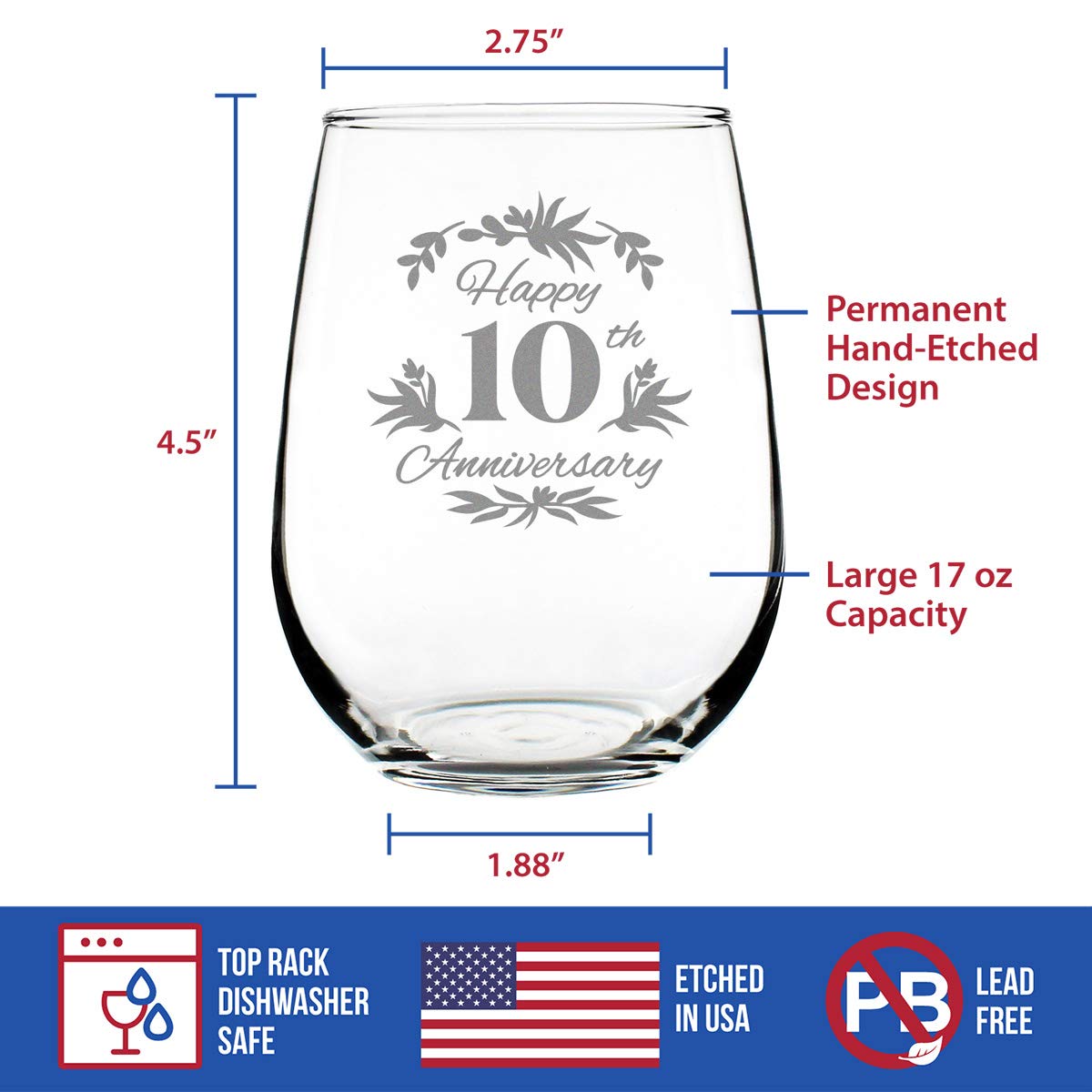 Happy 10th Anniversary - Stemless Wine Glass Gifts for Women & Men - 10 Year Anniversary Party Decor - Large Glasses